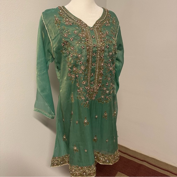 Two piece formal salwar kameez in a soft sea-green shade with intricate gold - Picture 2 of 9